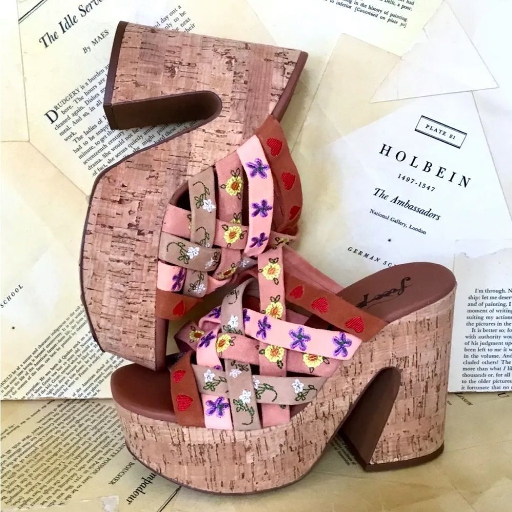 Free People Lisbon Platform Mules Sandal Embroidery Tan Multi Cork - Picture 1 of 10